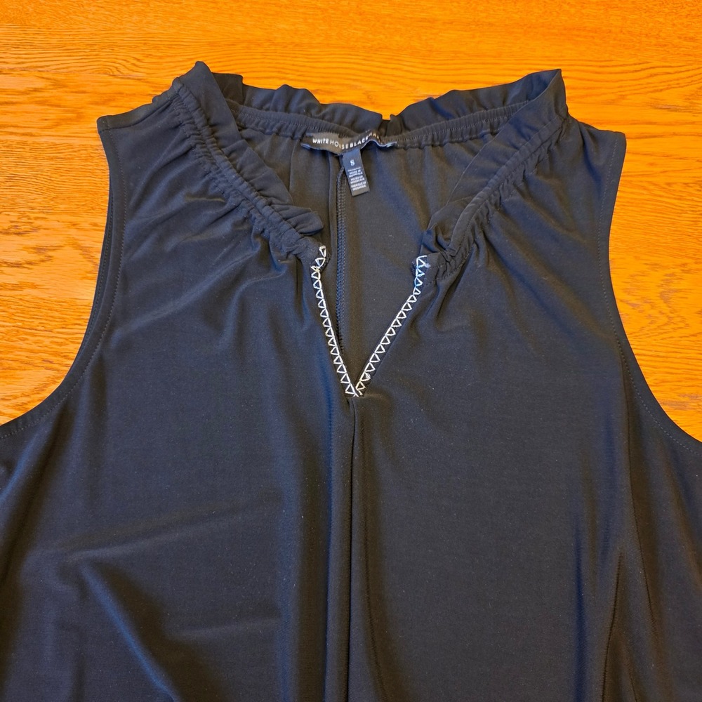 White House Black Market S Black Gathered Smocked Hem Embroidered Blouse Tank - Picture 2 of 12
